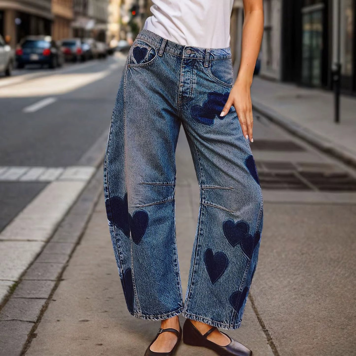 Woman Clothes Barrel Jeans for Women Mid Rise Heart Printed Denim Ankle Pants Vintage Baggy Womens Casual Dress Pants for Summer
