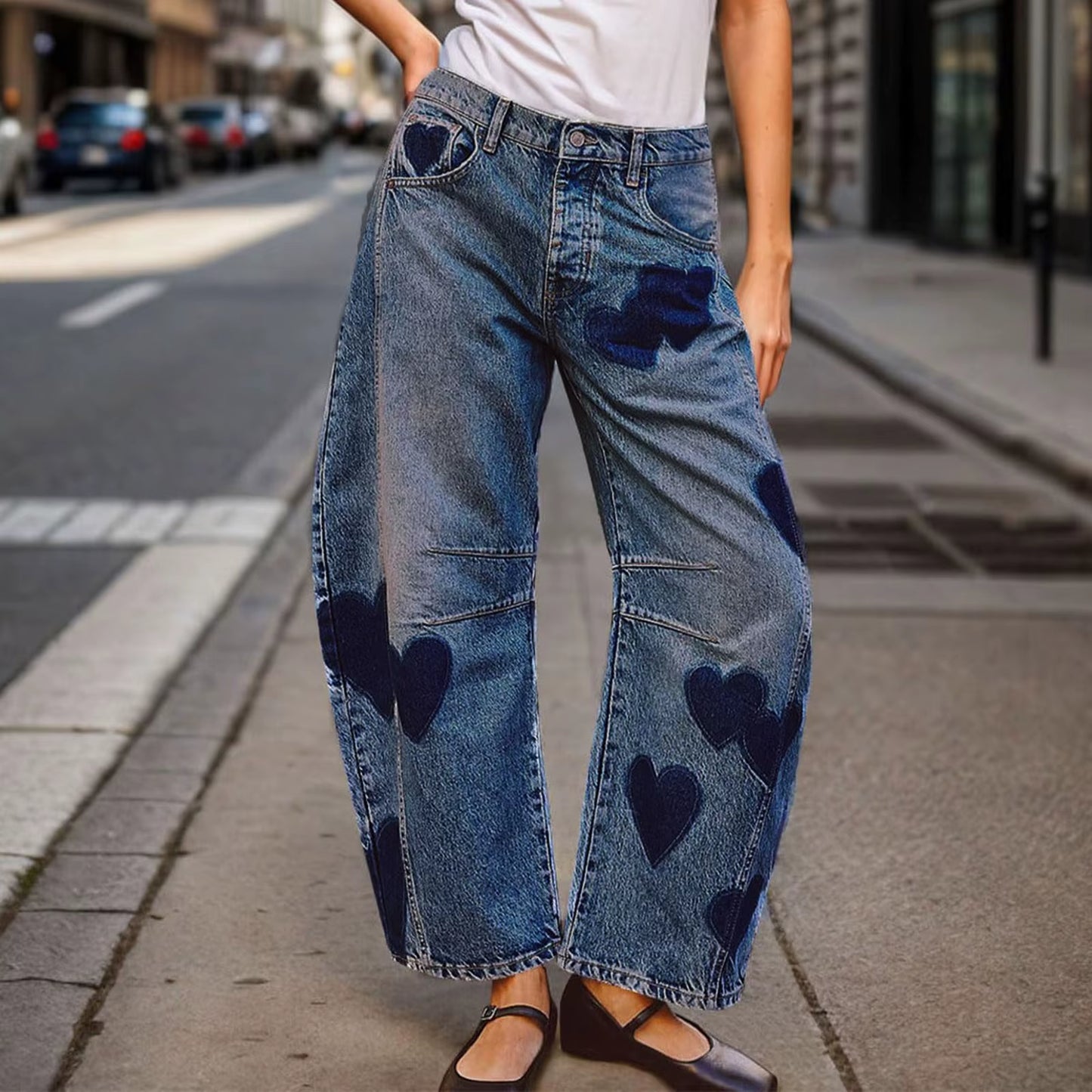 Woman Clothes Barrel Jeans for Women Mid Rise Heart Printed Denim Ankle Pants Vintage Baggy Womens Casual Dress Pants for Summer
