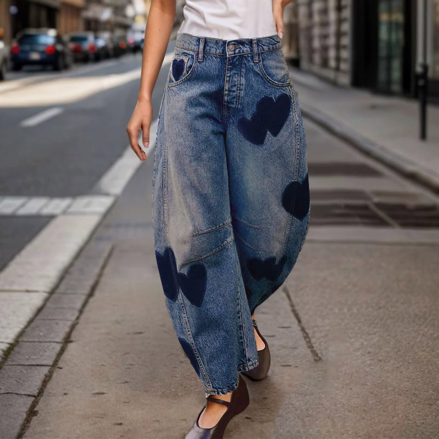 Woman Clothes Barrel Jeans for Women Mid Rise Heart Printed Denim Ankle Pants Vintage Baggy Womens Casual Dress Pants for Summer