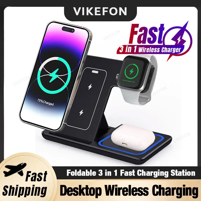 3-in-1 Foldable Wireless Fast Charger Station for iPhone & Apple Watch